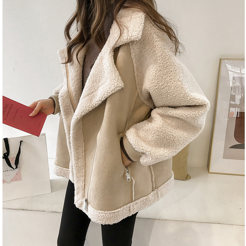 Manteau en peluche pour femmes col large coupe oversize poches zippées manches bouffantes