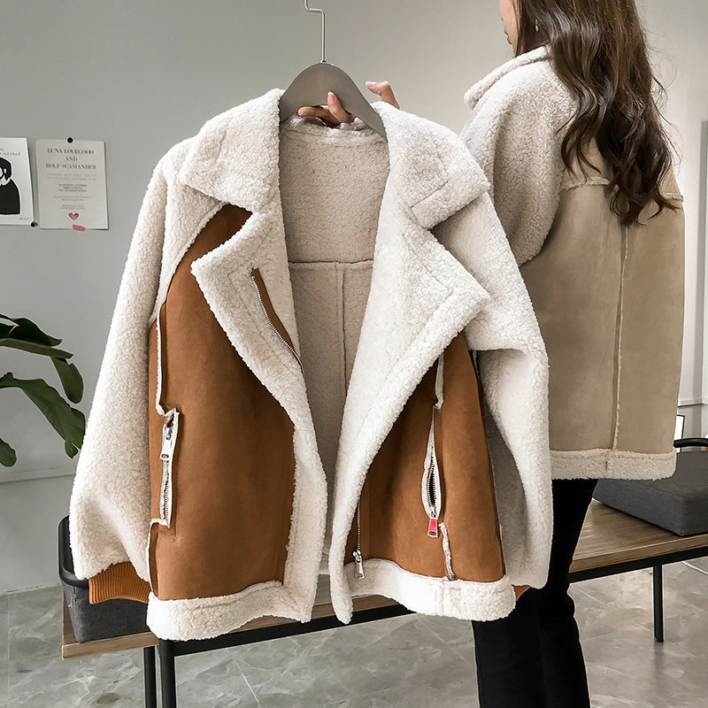 Manteau en peluche pour femmes col large coupe oversize poches zippées manches bouffantes