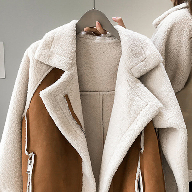Manteau en peluche pour femmes col large coupe oversize poches zippées manches bouffantes