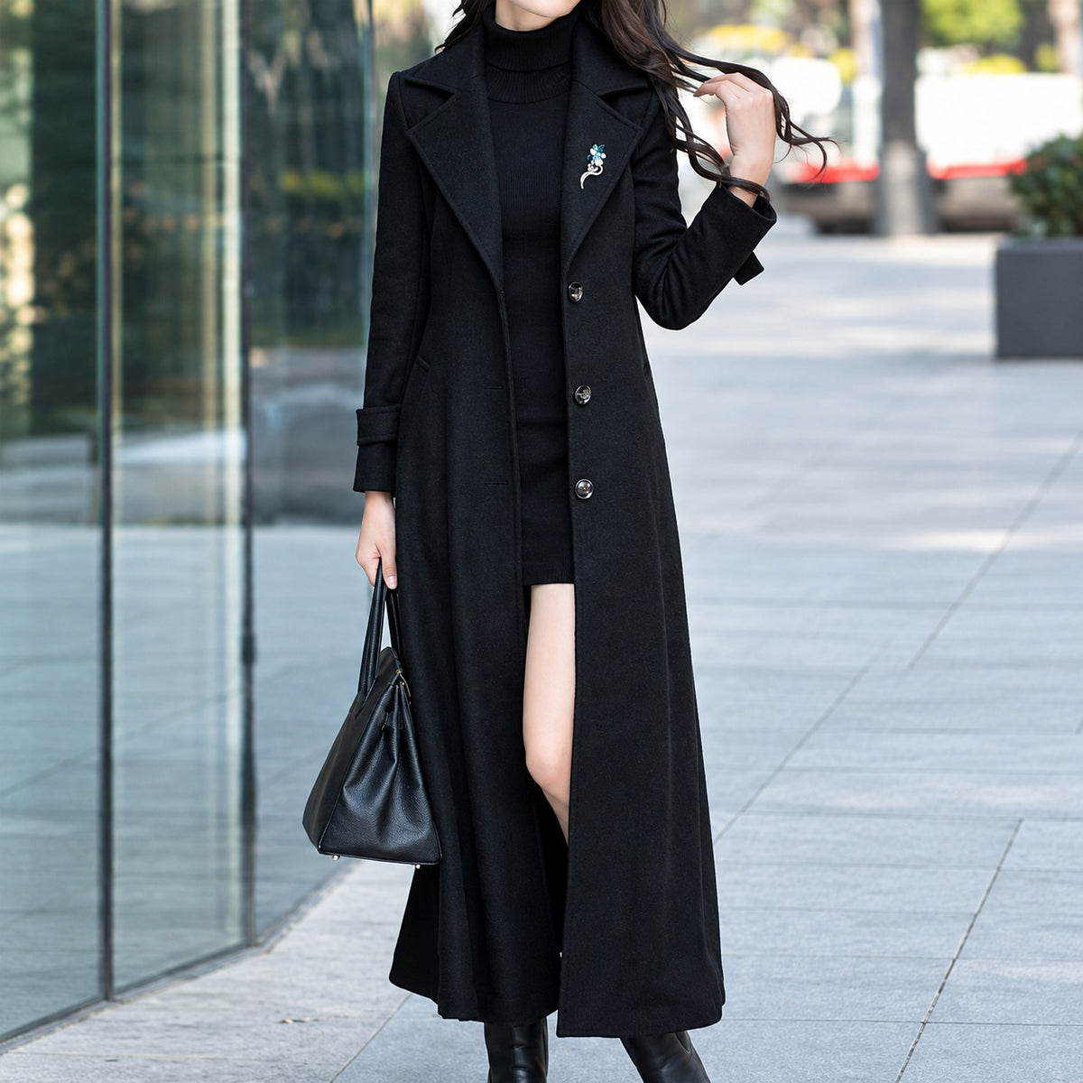 Manteau long femme à ceinture, col à revers, boutons, poches latérales