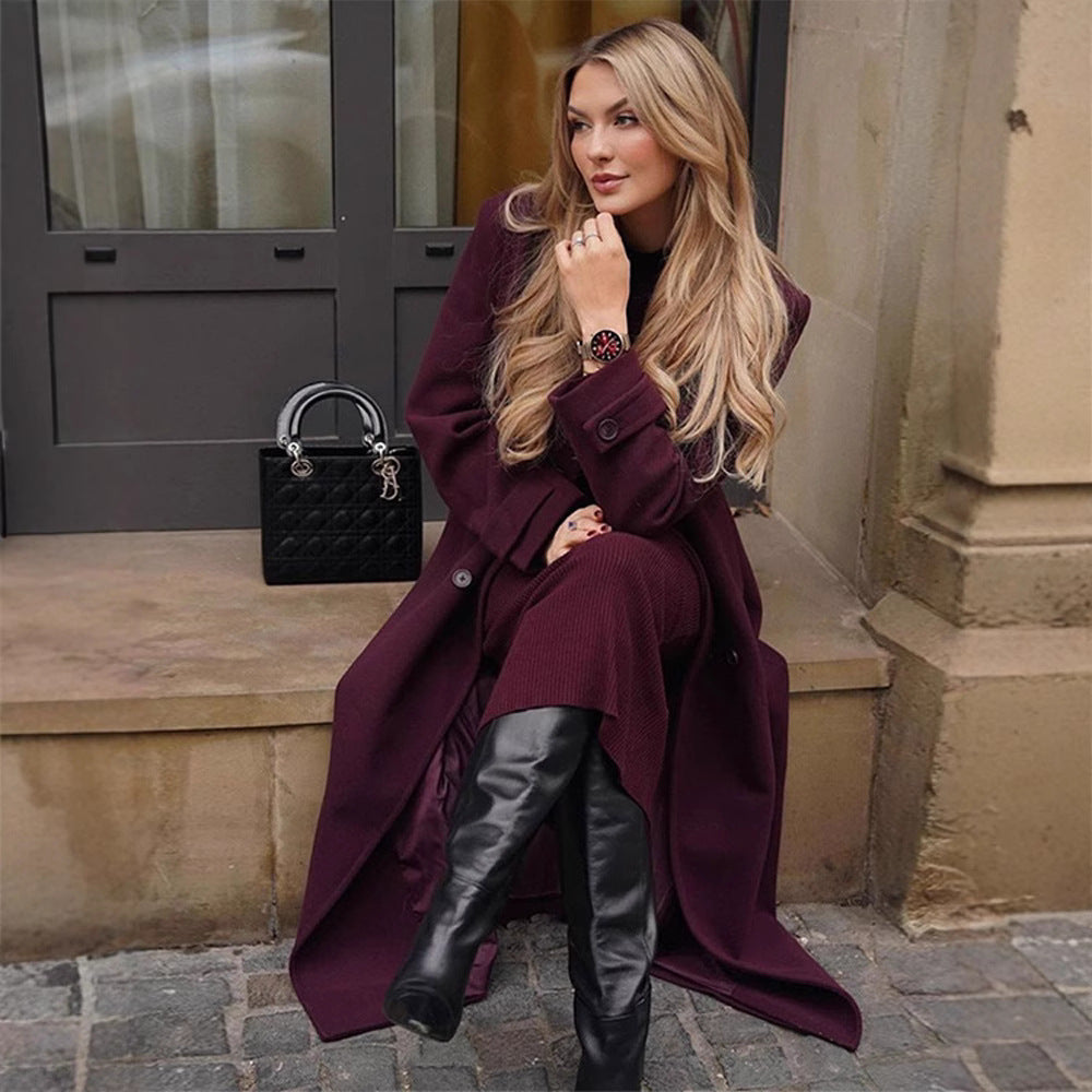 Manteau long femme double-breasted, ceinture, col classique, manches longues
