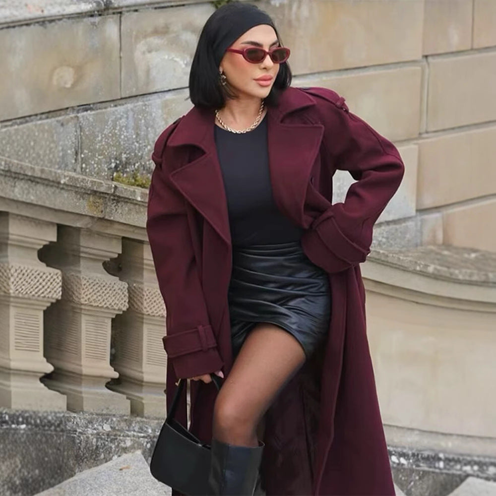 Manteau long femme double-breasted, ceinture, col classique, manches longues
