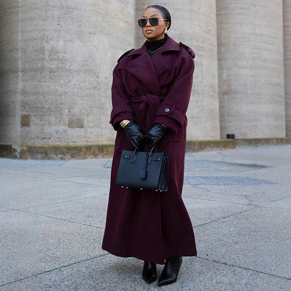 Manteau long femme double-breasted, ceinture, col classique, manches longues