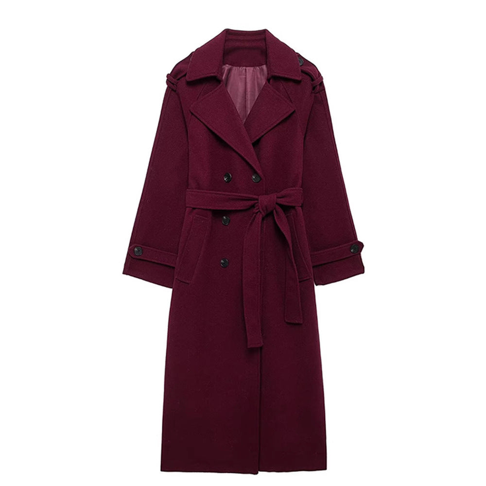 Manteau long femme double-breasted, ceinture, col classique, manches longues