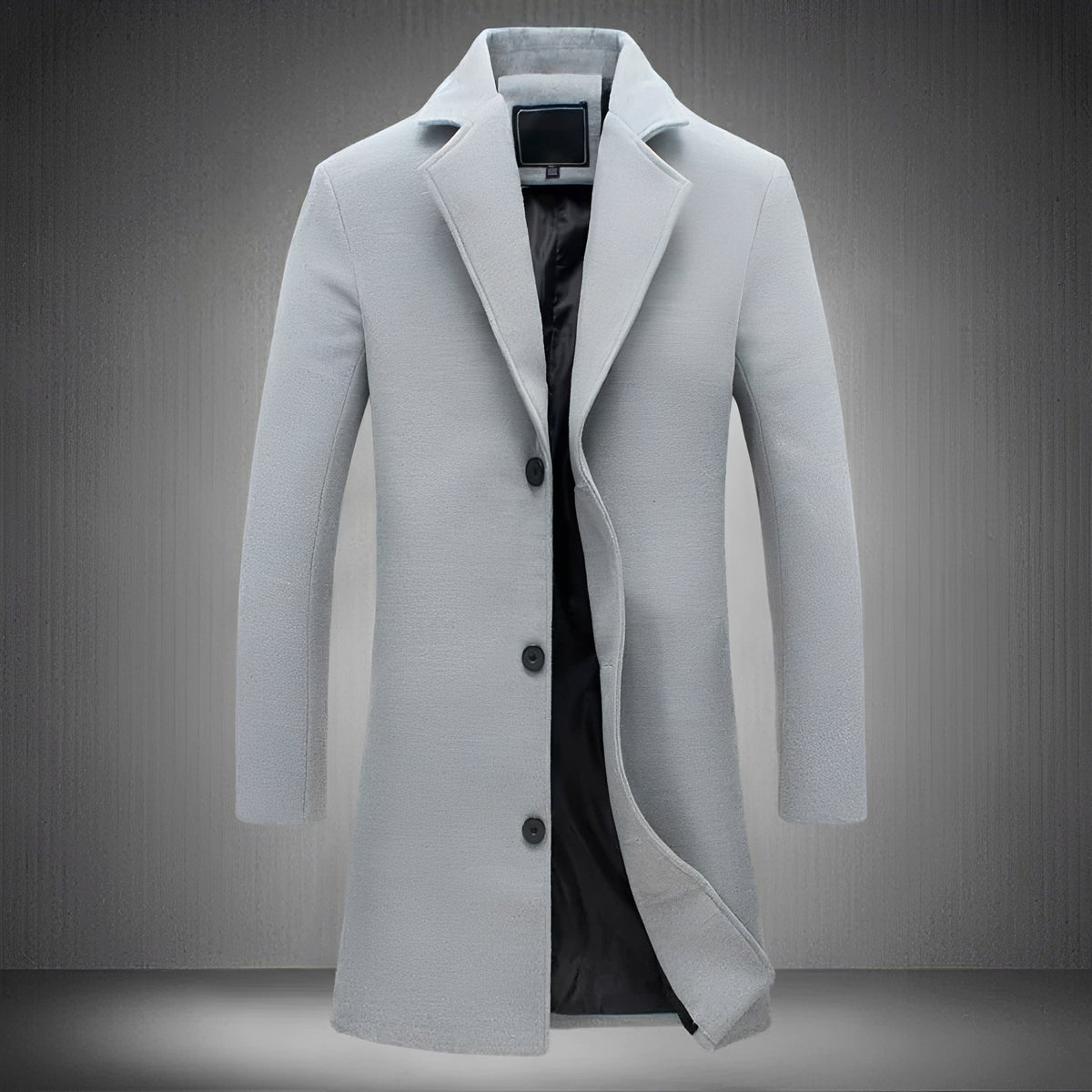 Manteau long homme à col classique, boutons, poches latérales, coupe régulière