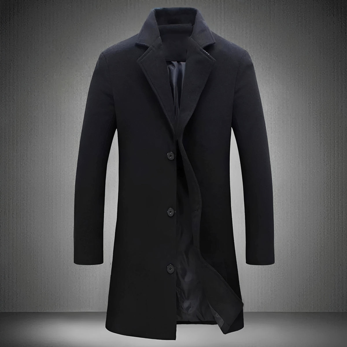 Manteau long homme à col classique, boutons, poches latérales, coupe régulière