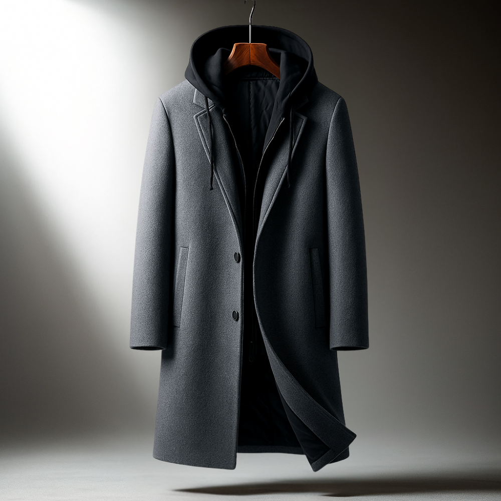 Manteau long pour homme - Capuche, fermeture à boutons, coupe ajustée