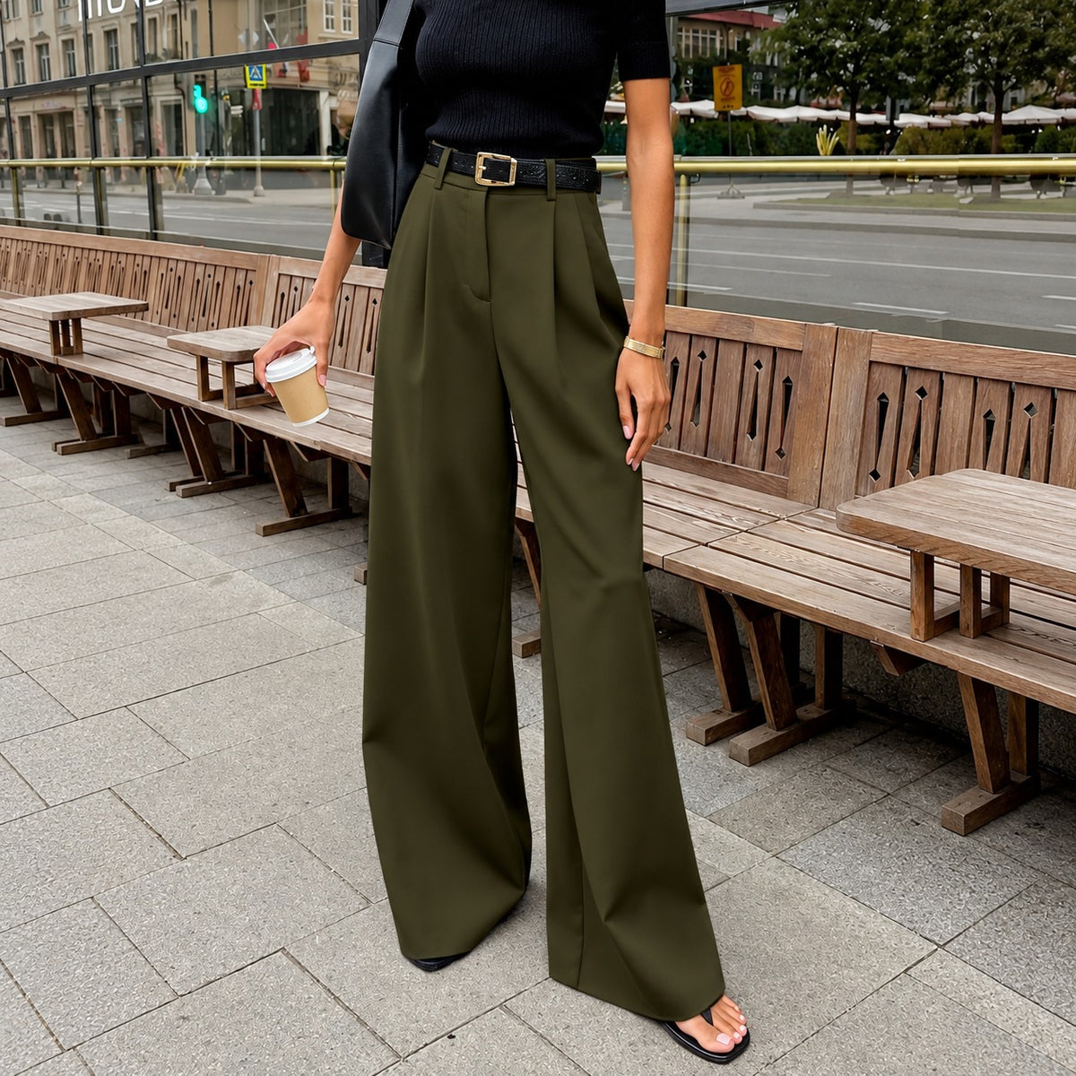 Pantalons femme à jambes larges haute taille à plis - coupe régulière