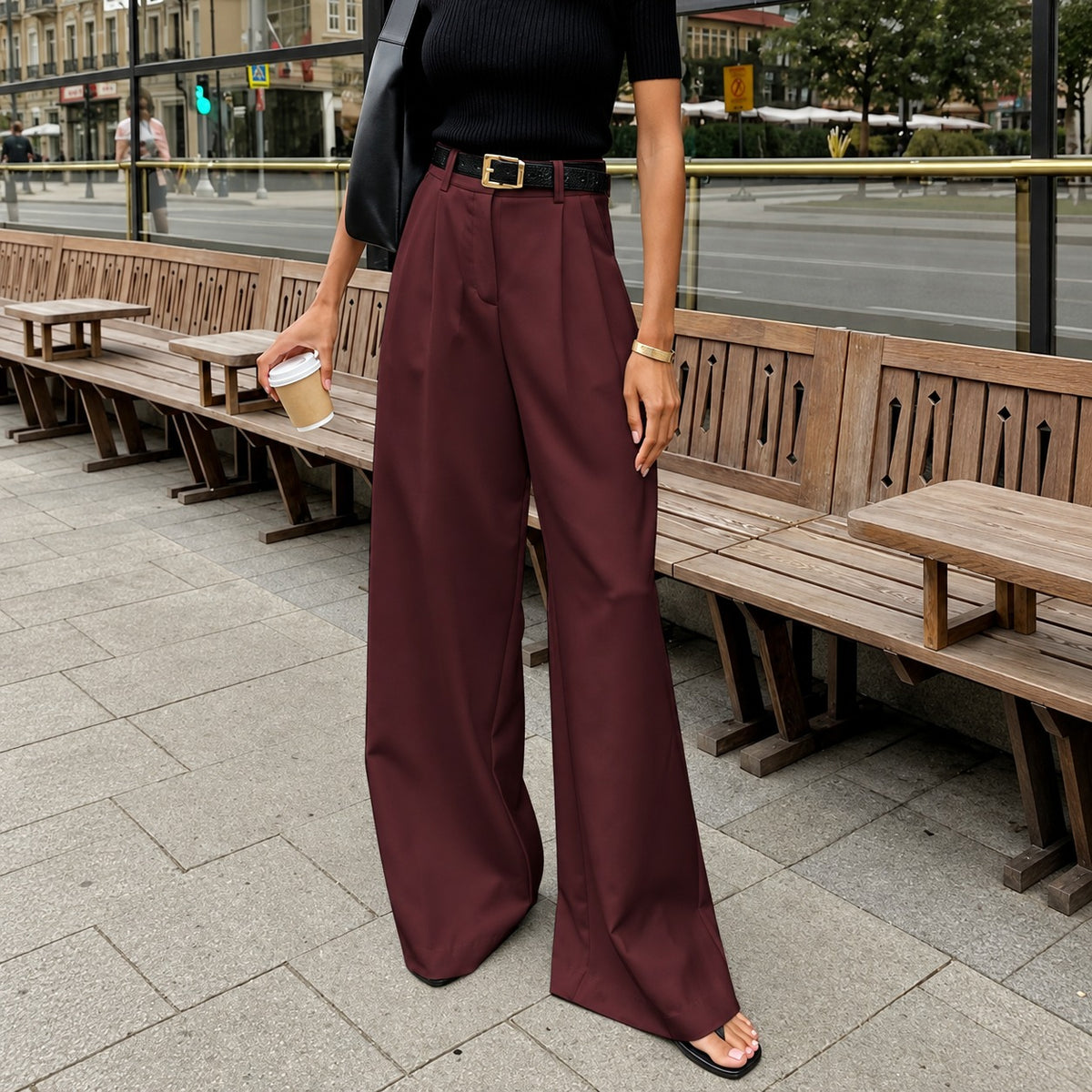 Pantalons femme à jambes larges haute taille à plis - coupe régulière