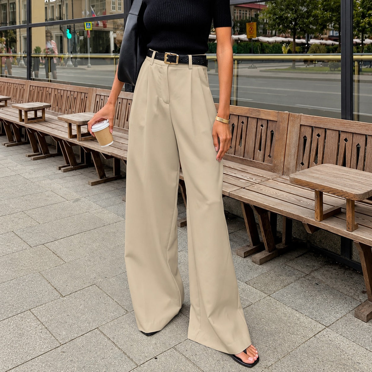 Pantalons femme à jambes larges haute taille à plis - coupe régulière