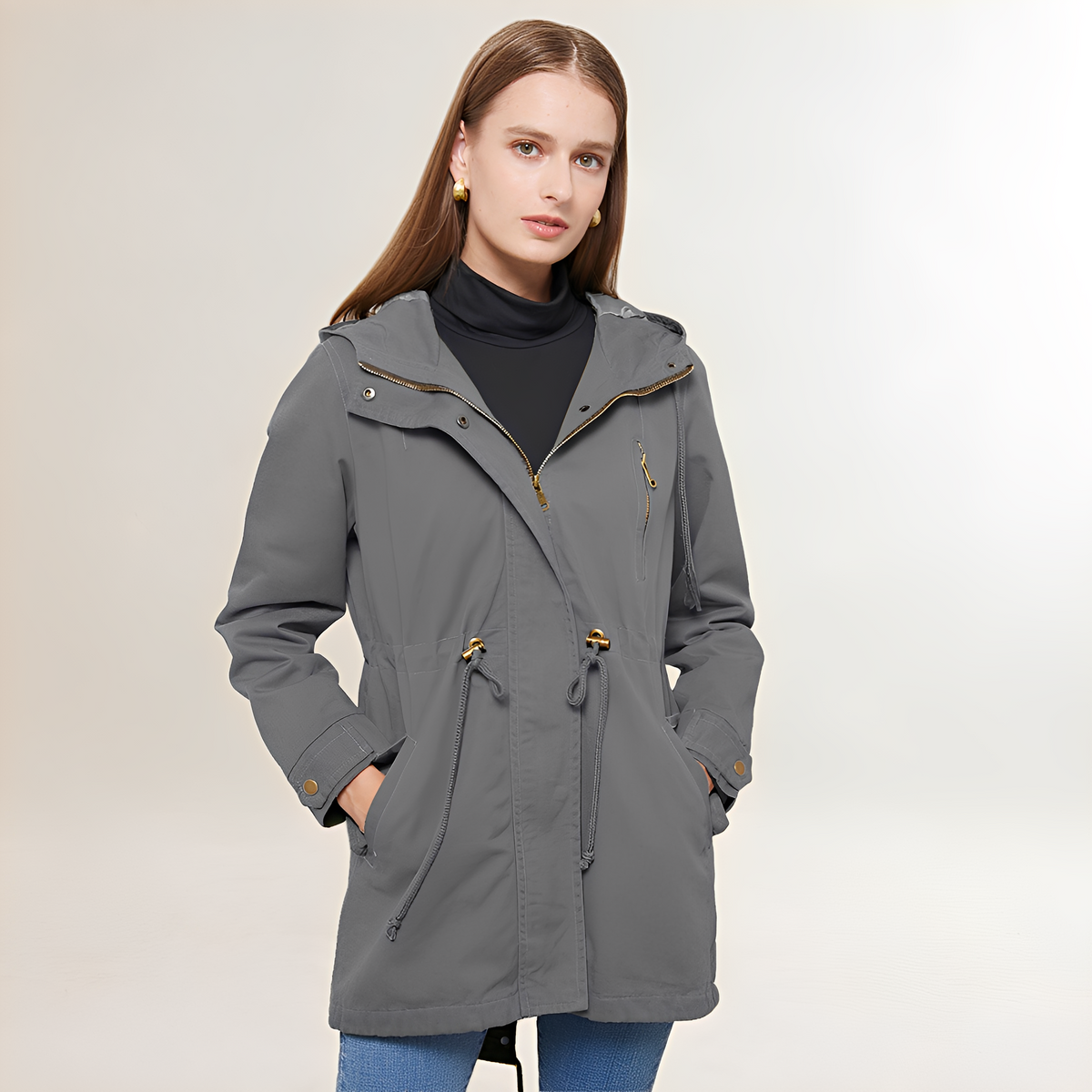 Parka pour femmes à capuche fermeture éclair taille à cordon long manches