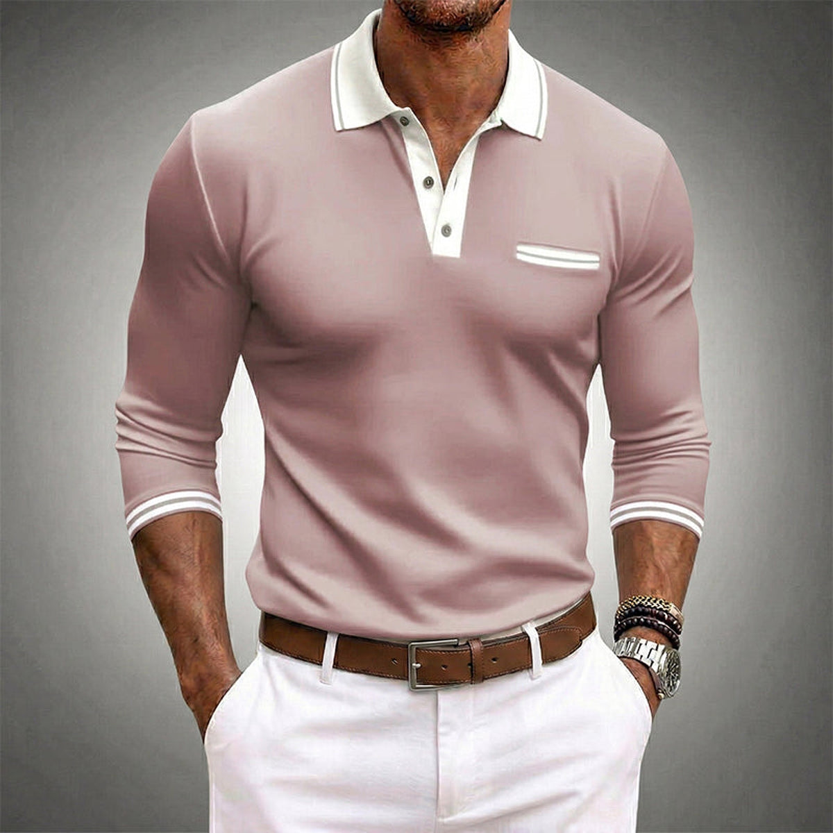Polo homme à manches longues avec contraste de finition et poche poitrine