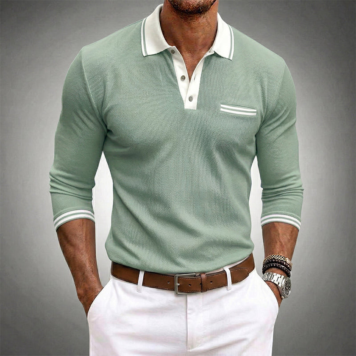 Polo homme à manches longues avec contraste de finition et poche poitrine