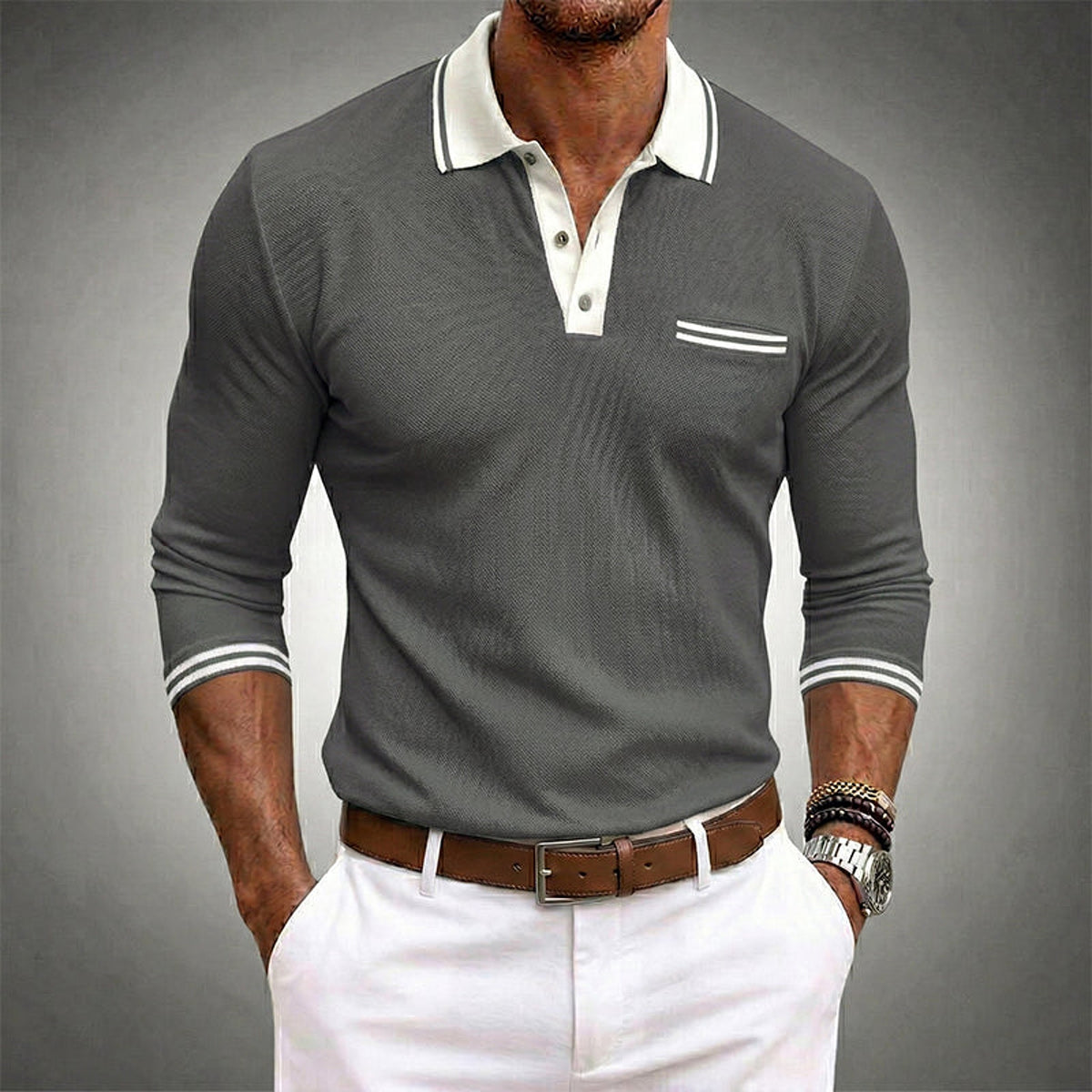 Polo homme à manches longues avec contraste de finition et poche poitrine