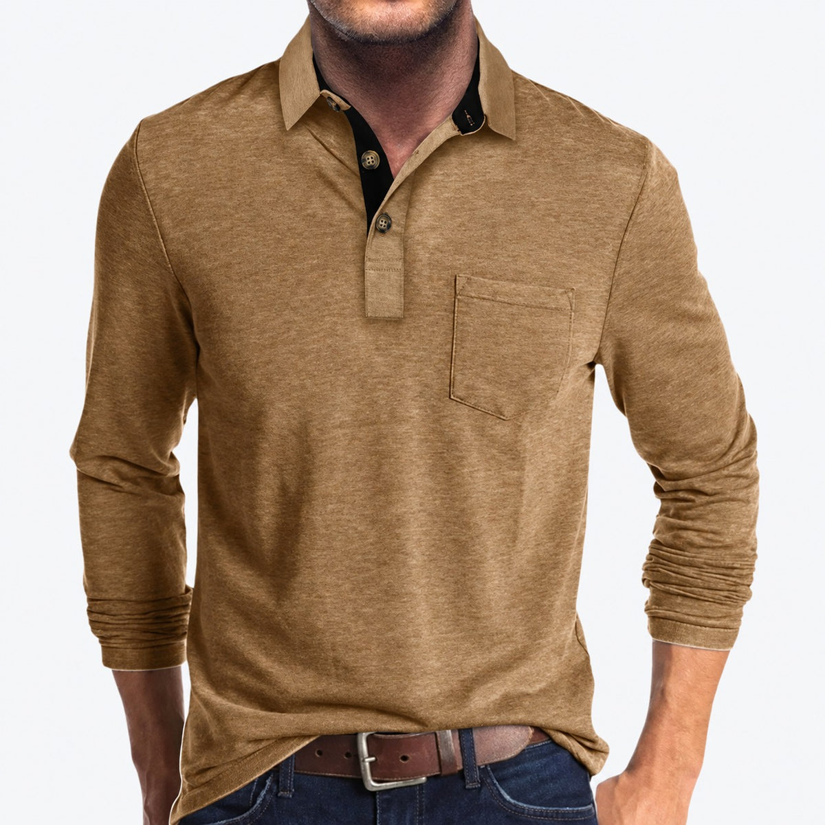 Polo homme à manches longues col classique poche poitrine boutons contrastants coupe ajustée