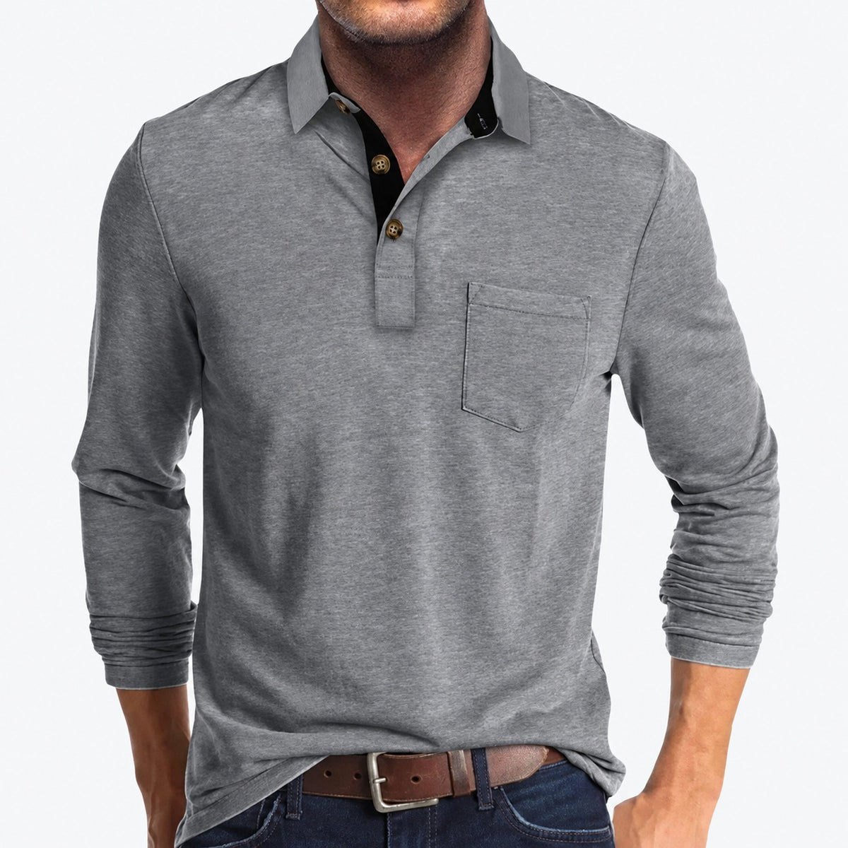 Polo homme à manches longues col classique poche poitrine boutons contrastants coupe ajustée