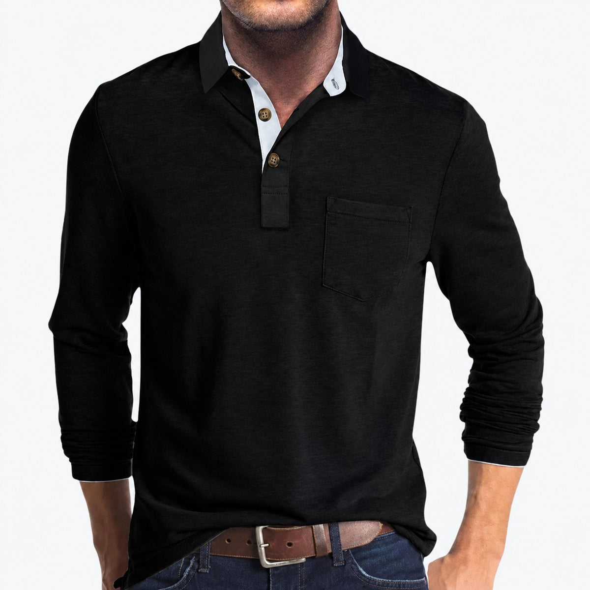 Polo homme à manches longues col classique poche poitrine boutons contrastants coupe ajustée