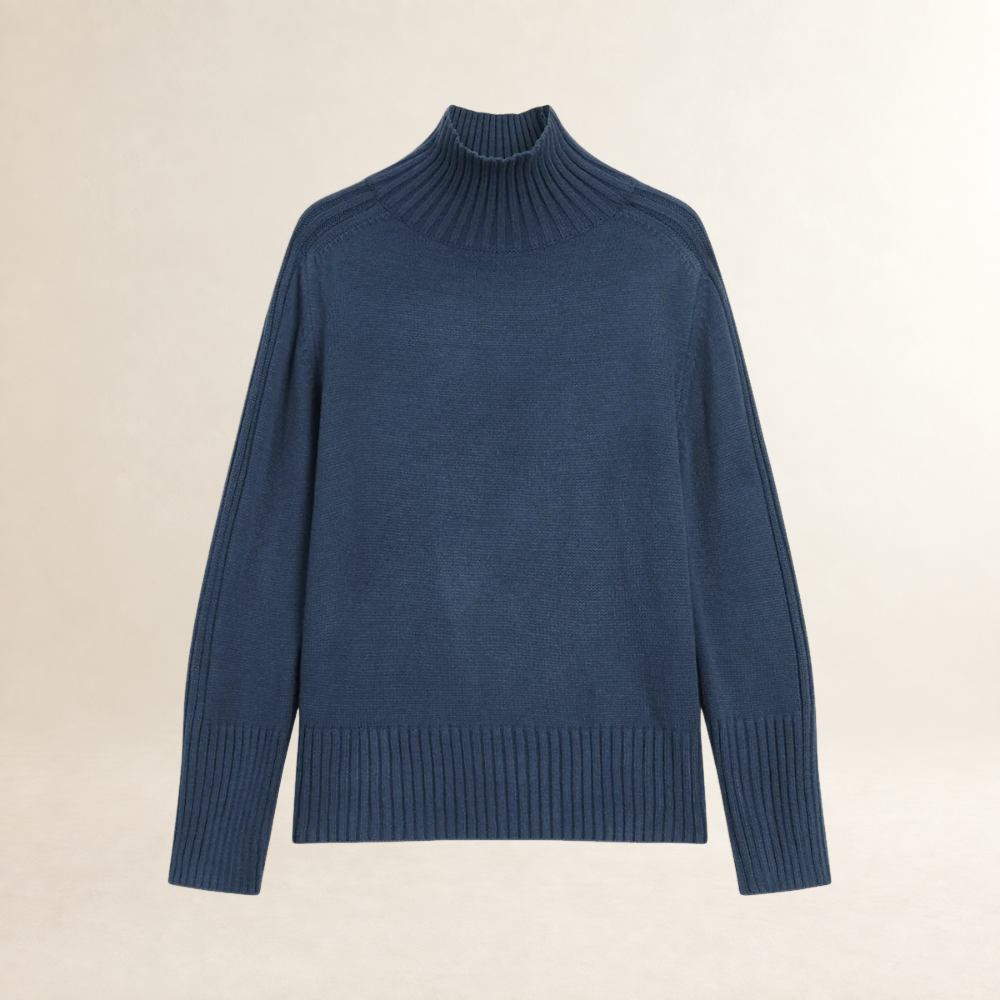 Pull femme à col montant, manches longues, coupe régulière et texture côtelée