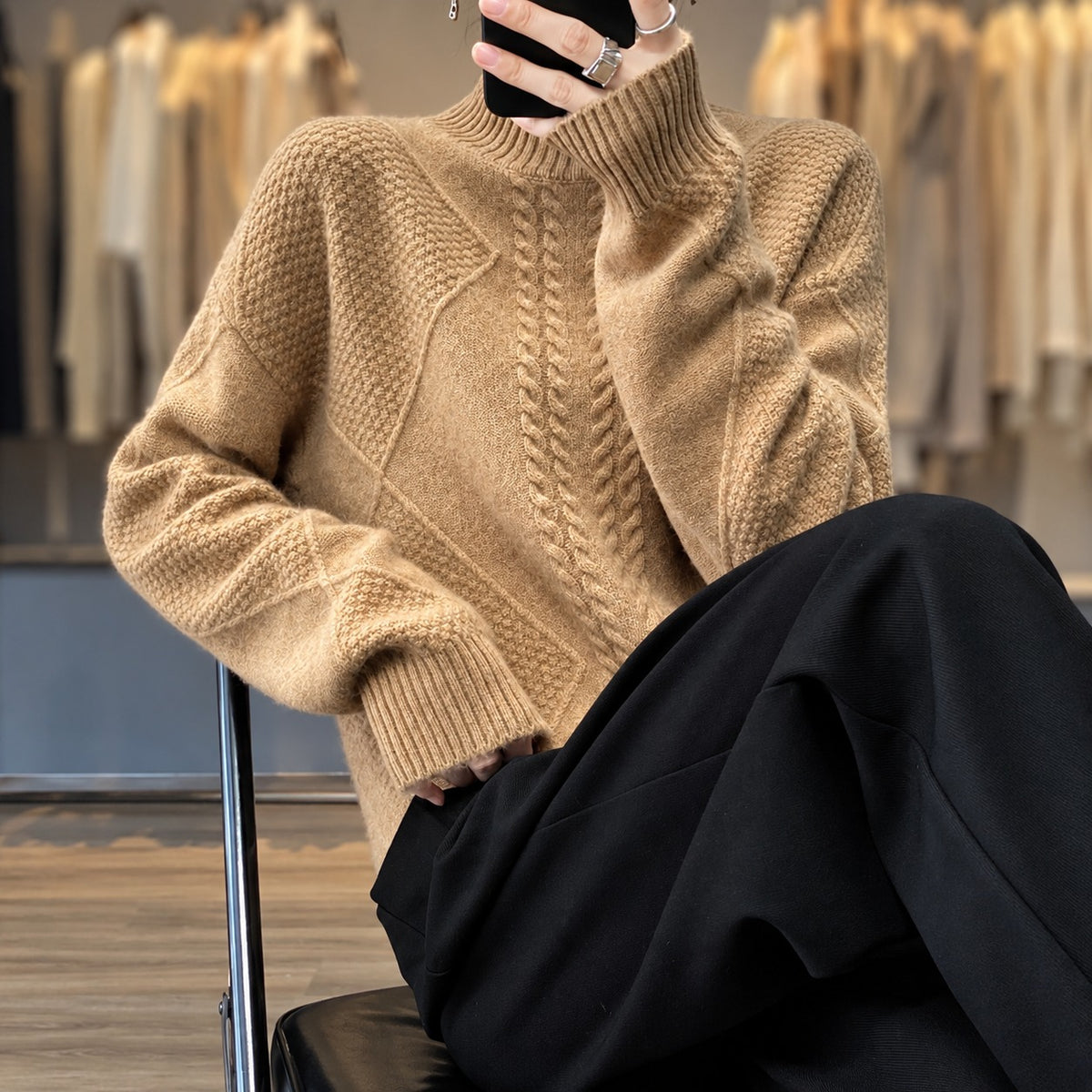 Pull femme à col roulé textured coupe décontractée manches longues
