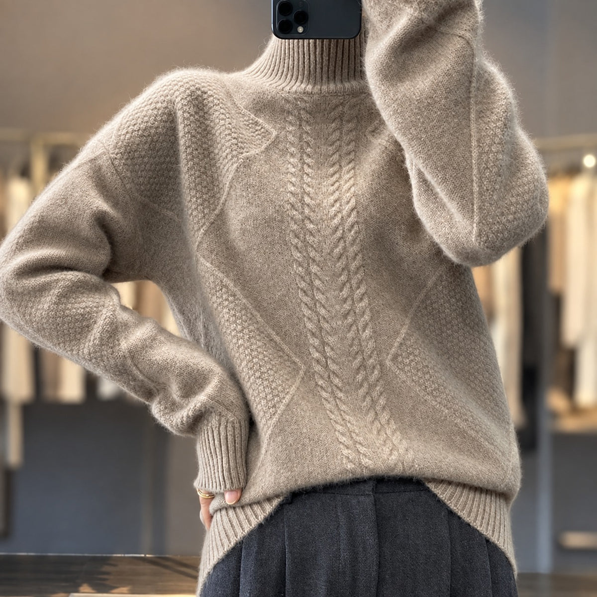 Pull femme à col roulé textured coupe décontractée manches longues