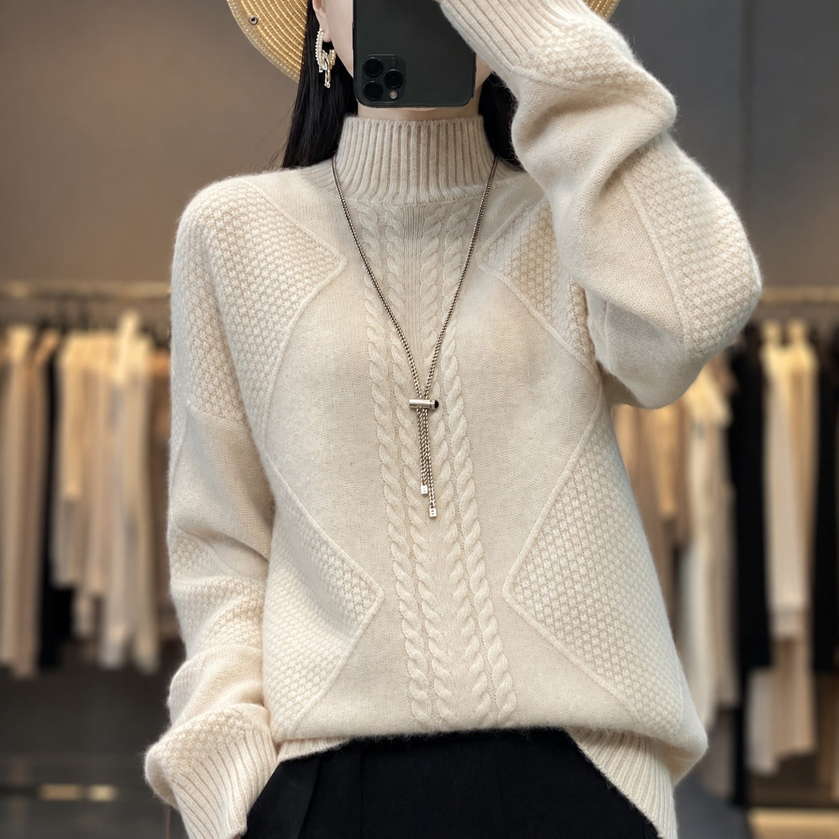 Pull femme à col roulé textured coupe décontractée manches longues