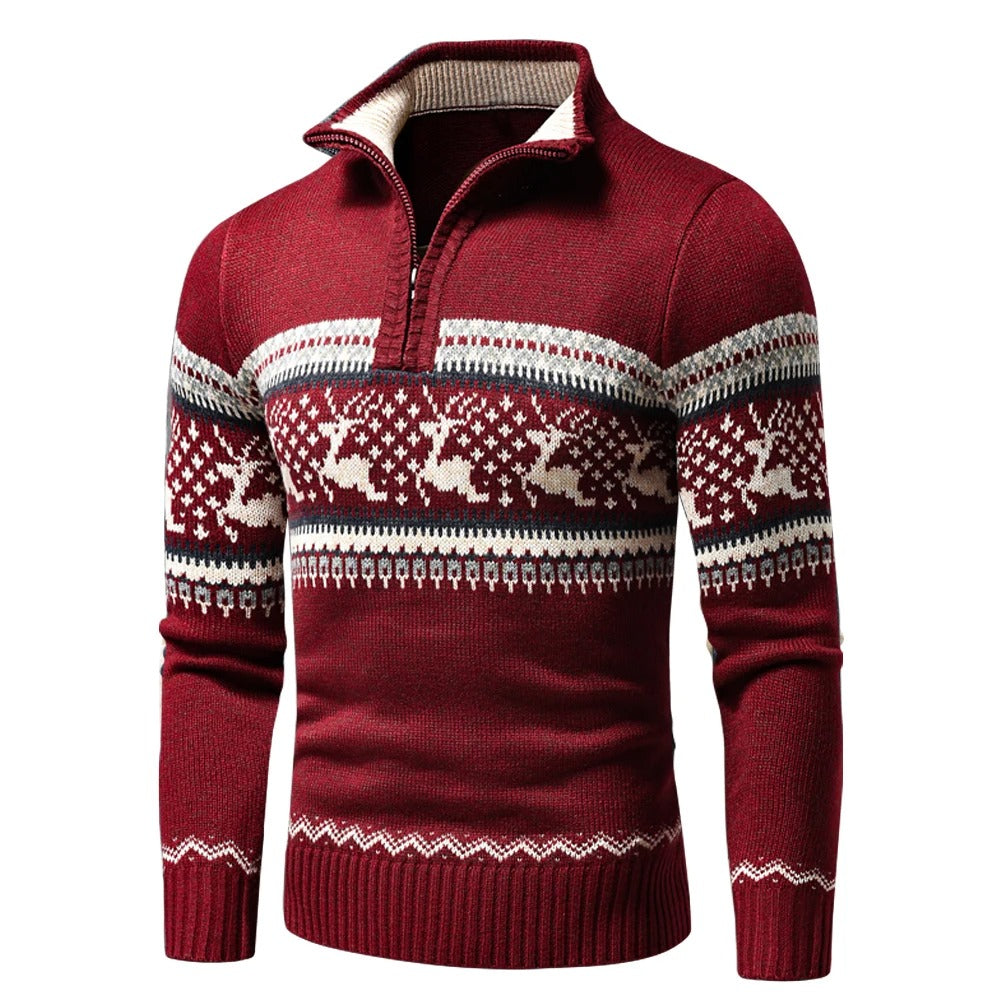 Pull homme col montant zip motif norvégien coupe régulière