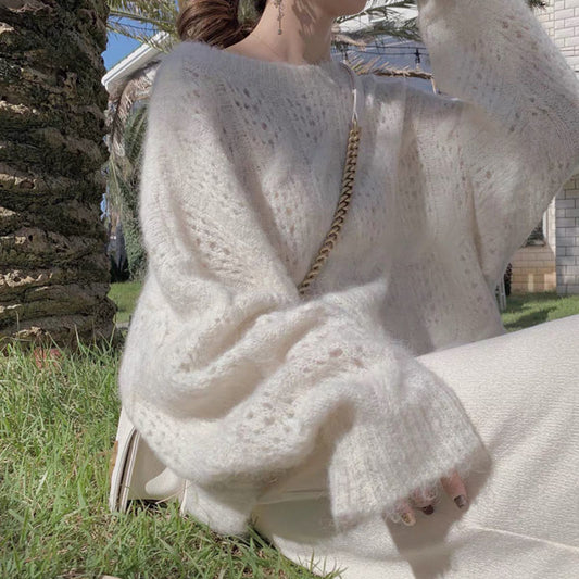 Pull-over femme oversize à manches longues et détails en maille ajourée