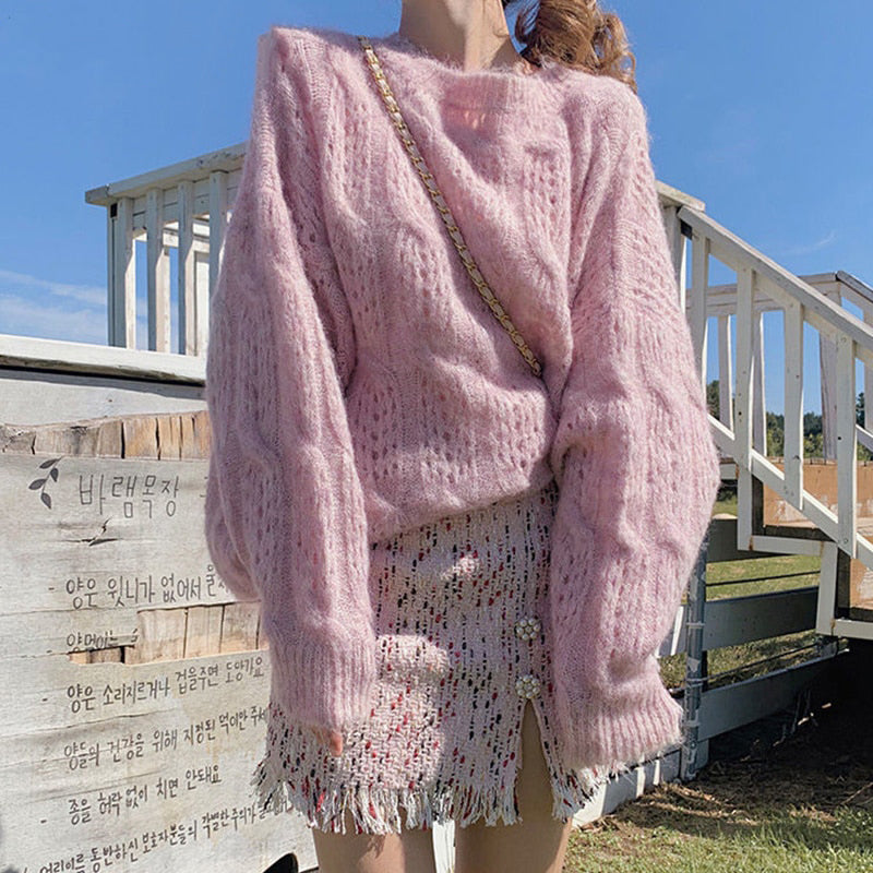 Pull-over femme oversize à manches longues et détails en maille ajourée