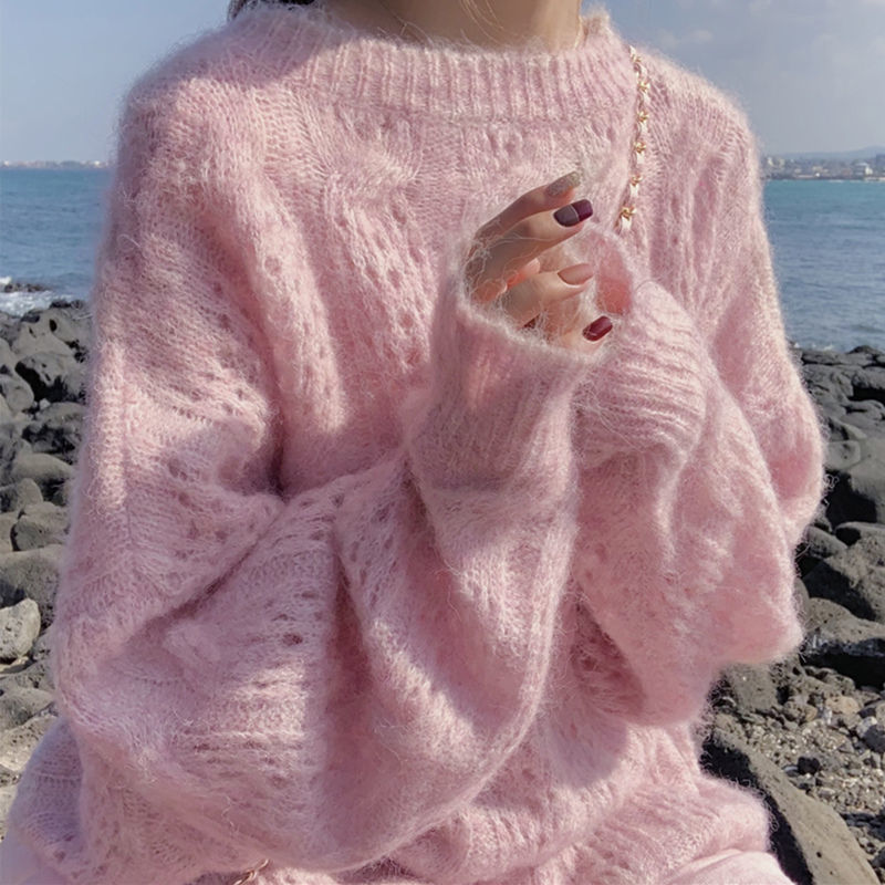 Pull-over femme oversize à manches longues et détails en maille ajourée