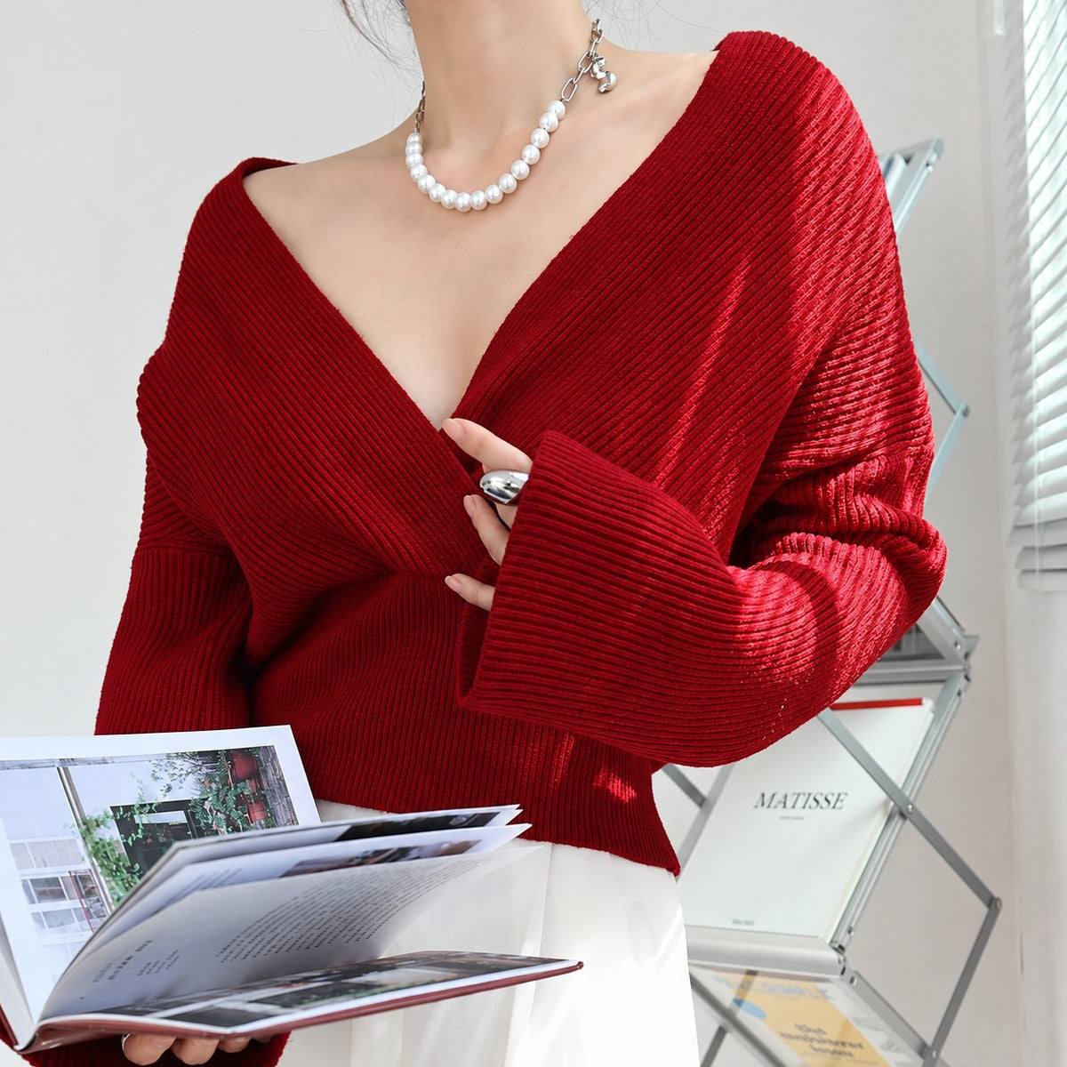 Pull-over pour femmes à col V, manches longues, coupe régulière, style wrap