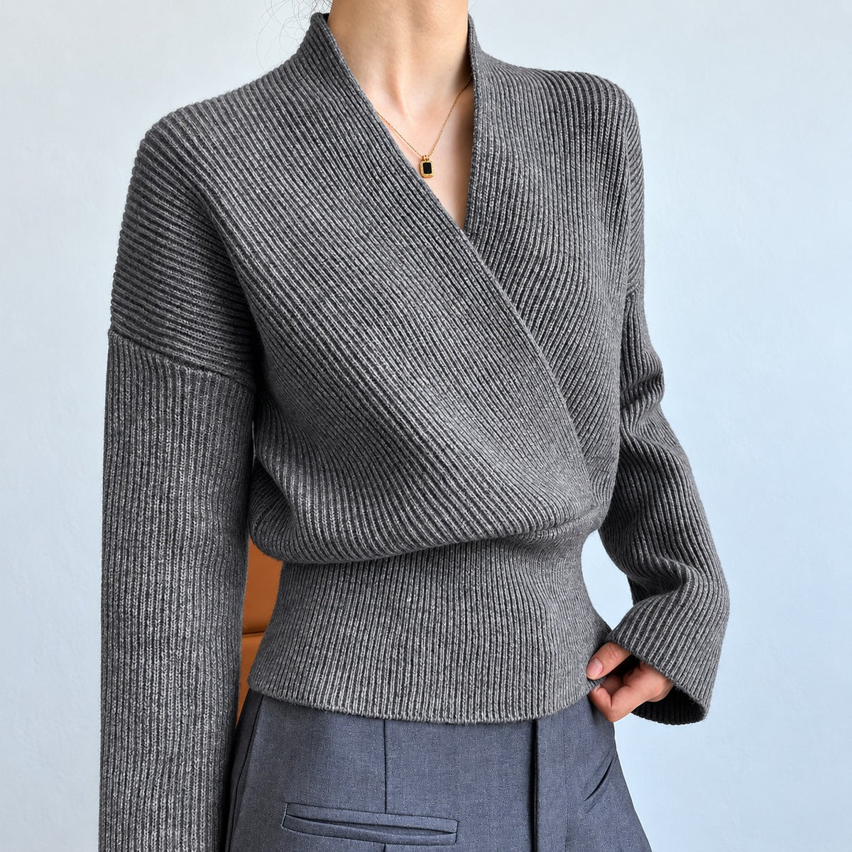 Pull-over pour femmes à col V, manches longues, coupe régulière, style wrap