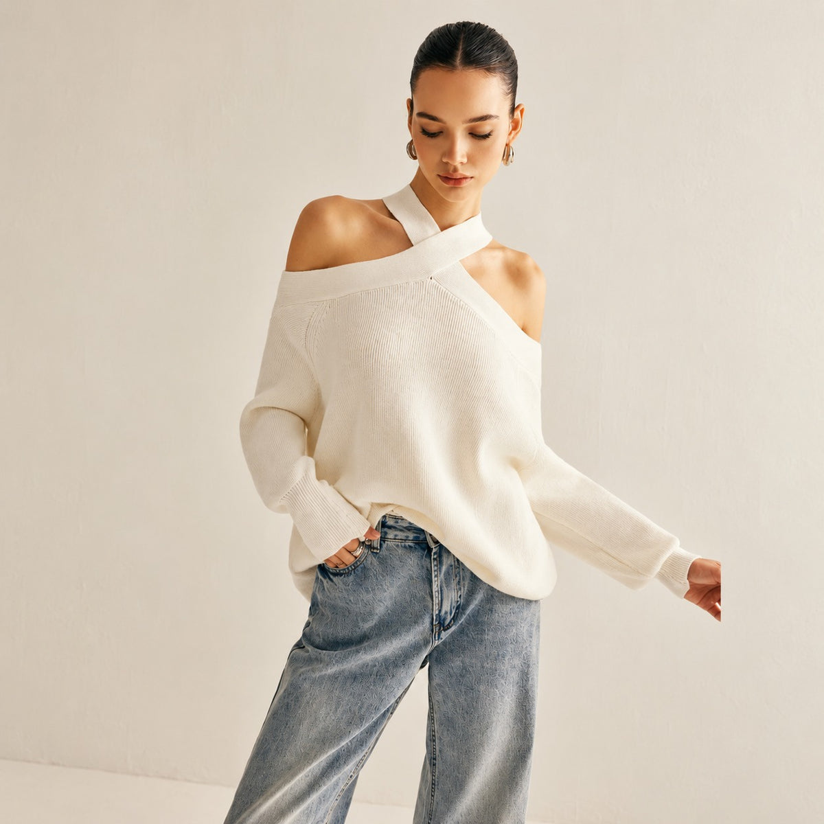 Pull pour femmes à col croisé épaules dénudées coupe décontractée