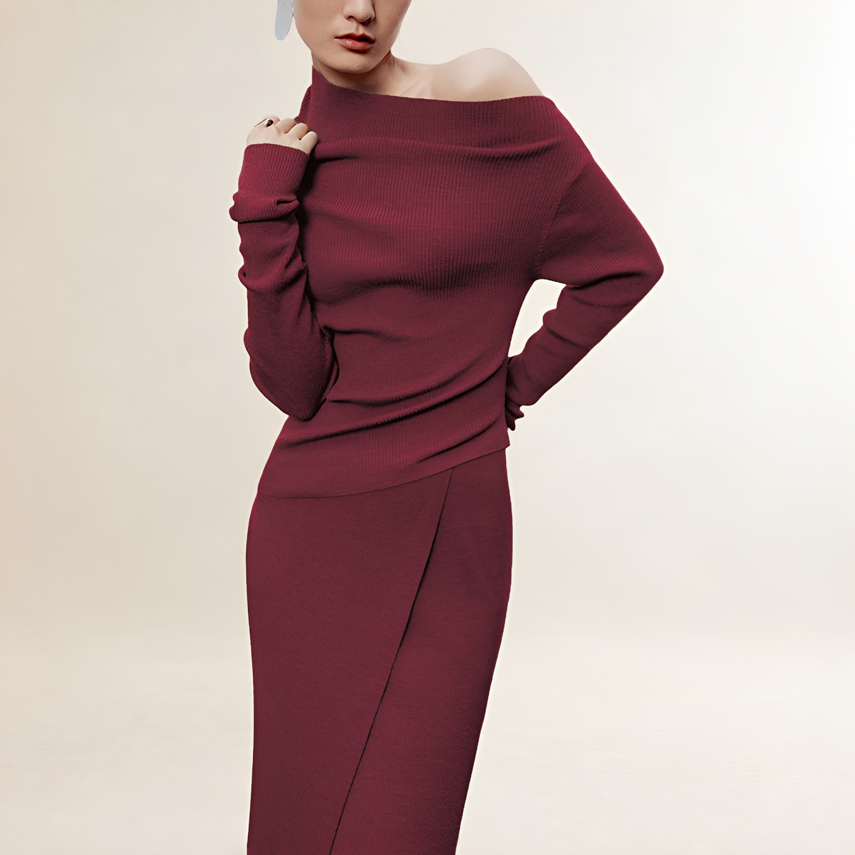 Robe longue femme à épaules dénudées, manches longues, style portefeuille avec fente