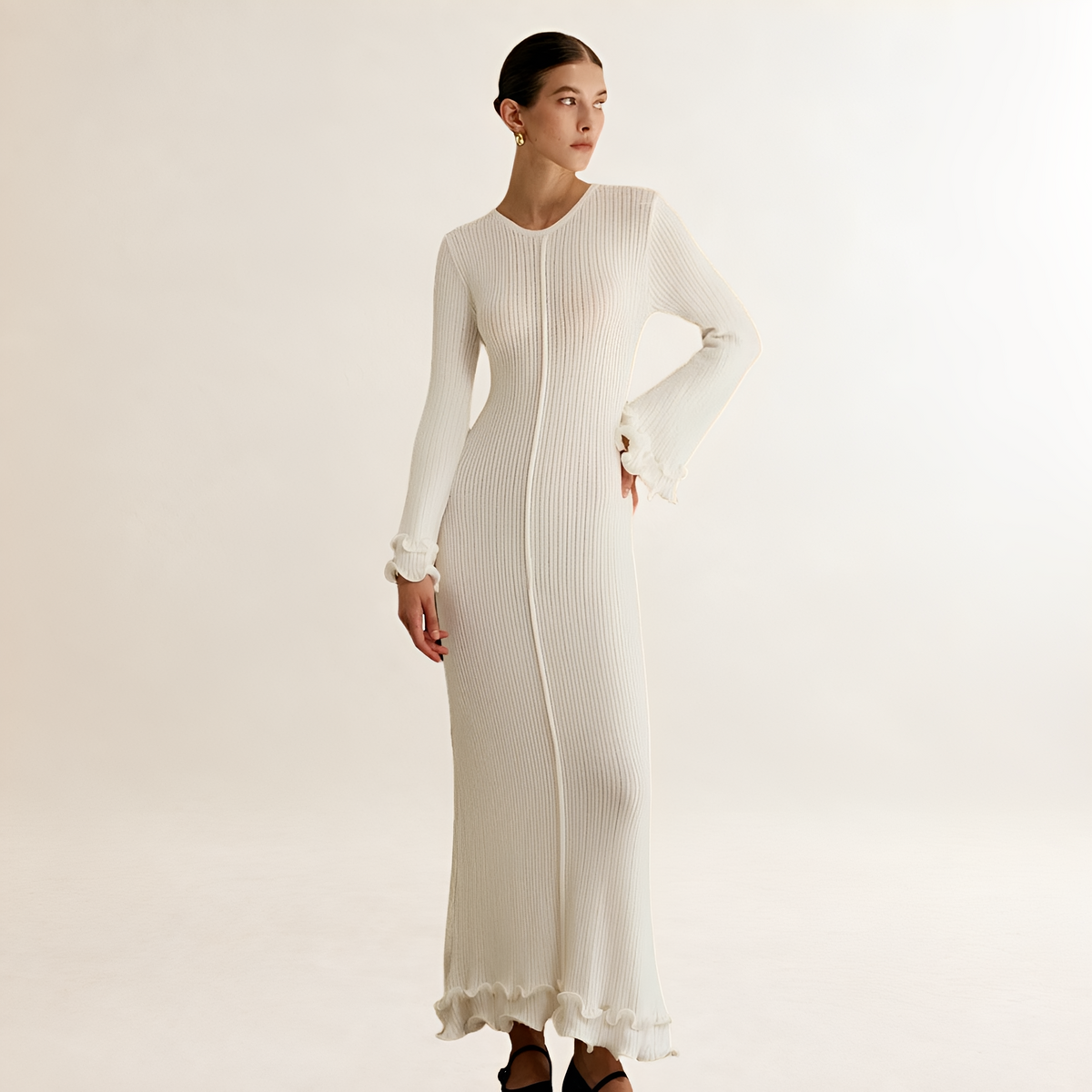 Robe longue pour femmes à manches longues et ourlet à volants style maxi