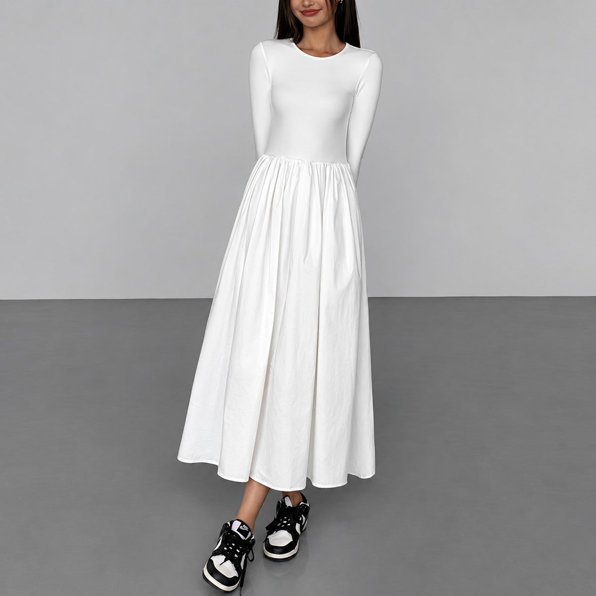 Robe longue pour femmes à manches longues, col rond, coupe régulière avec poches