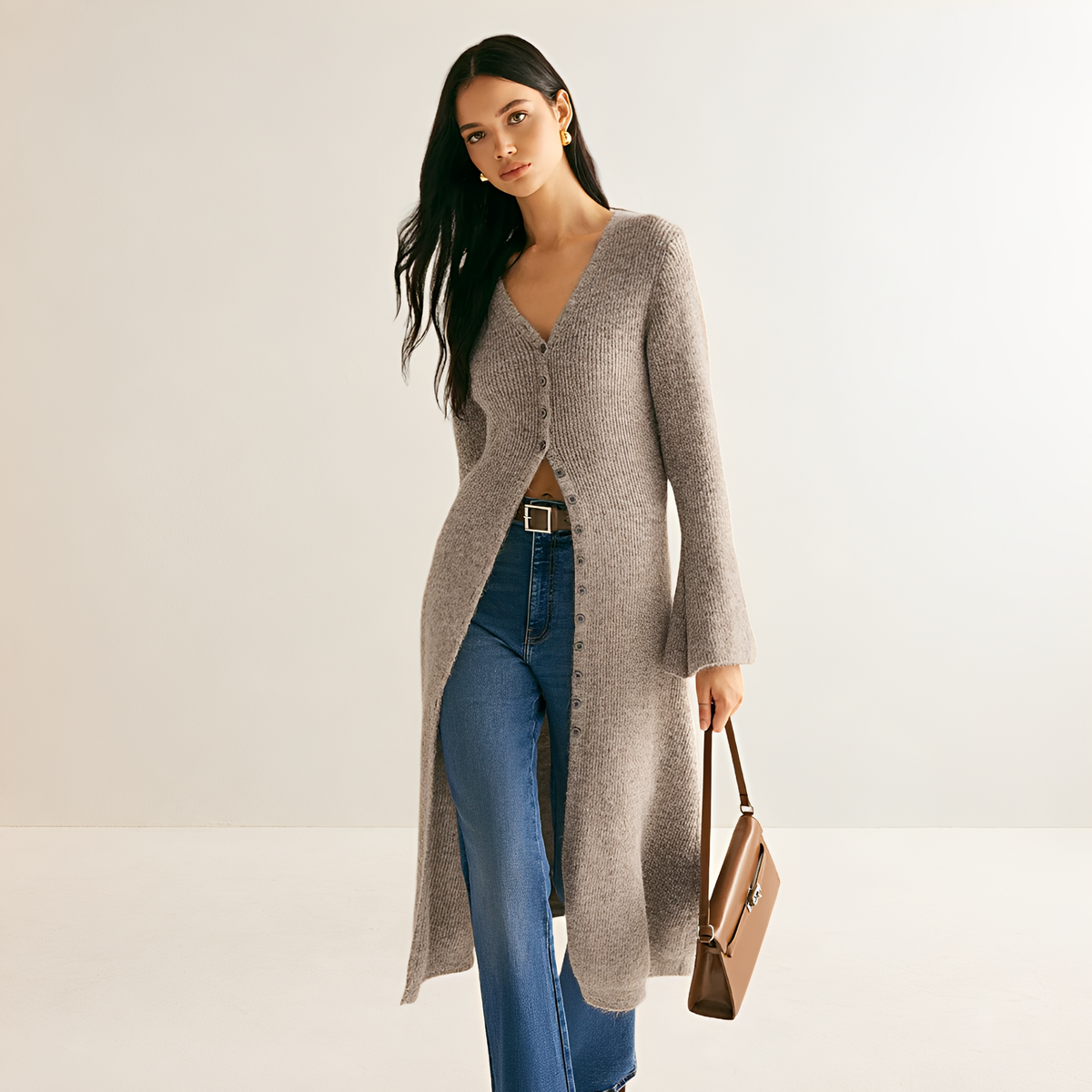Robe pull femme V-neck boutonnée long cardigan midi coupe décontractée
