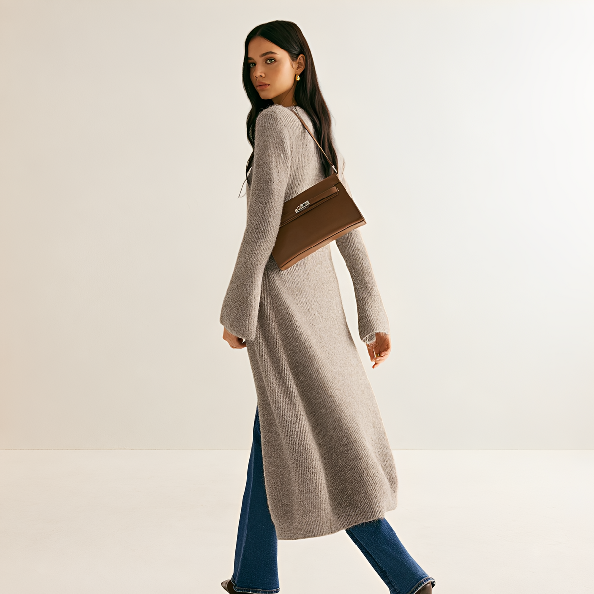 Robe pull femme V-neck boutonnée long cardigan midi coupe décontractée