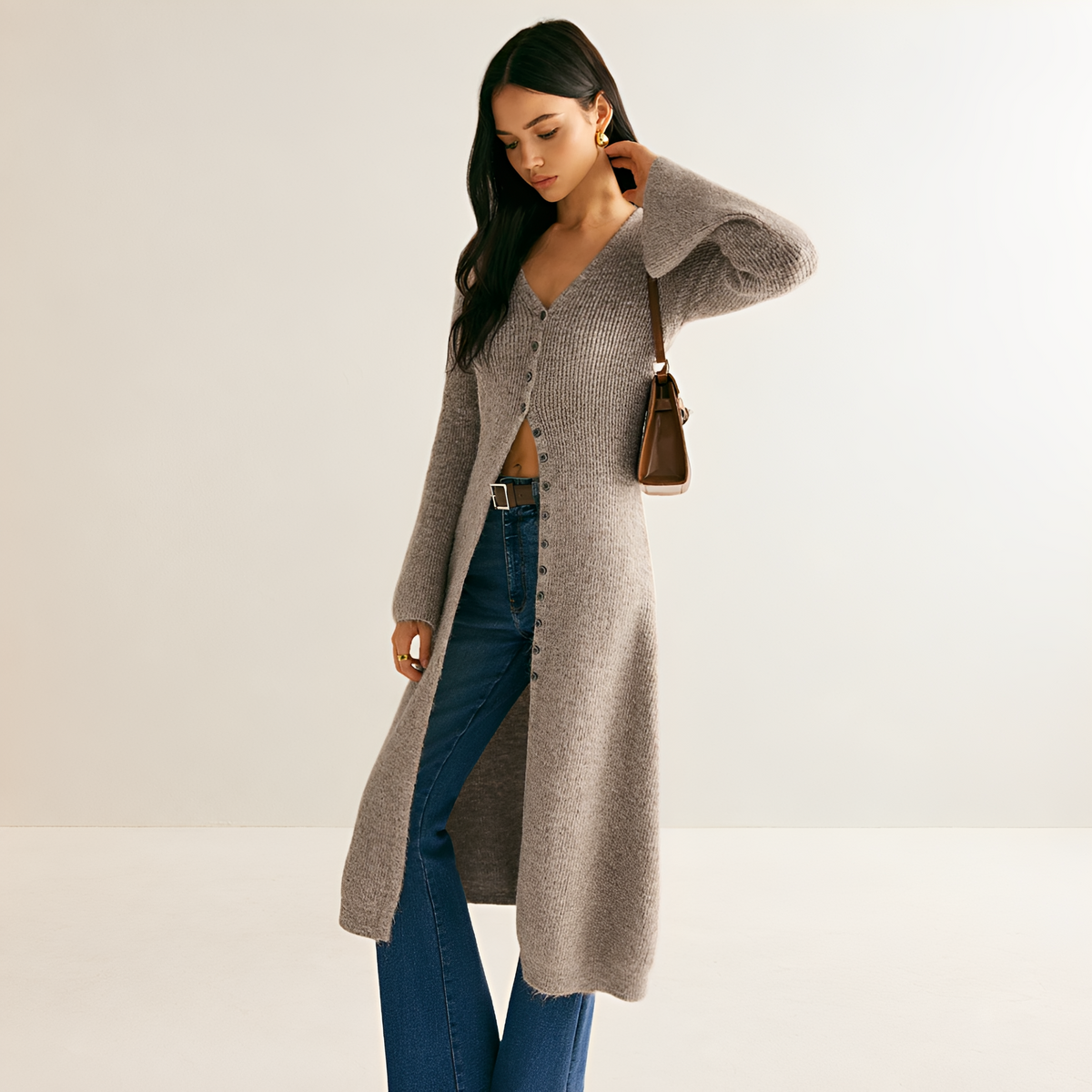 Robe pull femme V-neck boutonnée long cardigan midi coupe décontractée