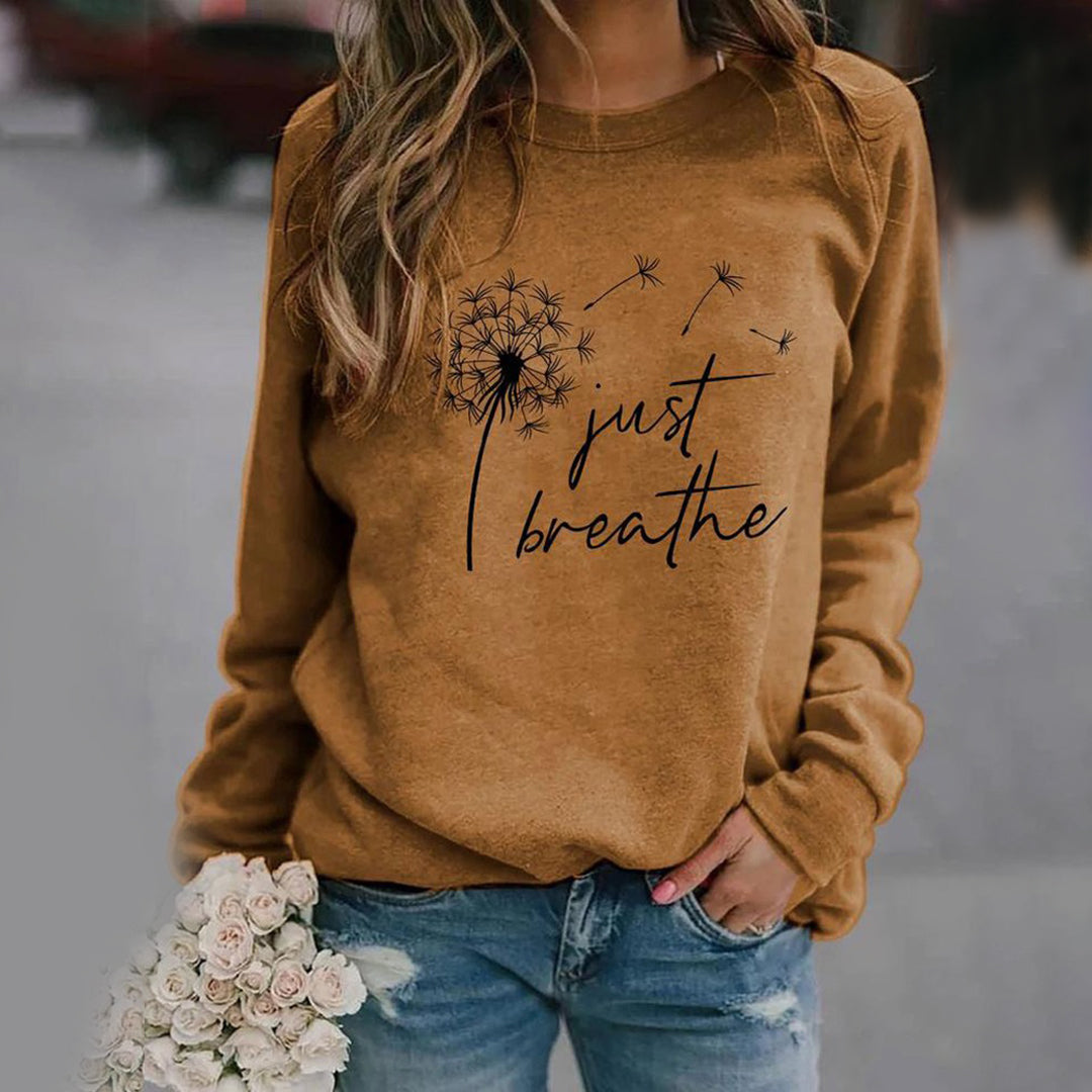 Sweatshirt décontracté pour femmes à motif 'Just Breathe' avec col rond et manches longues