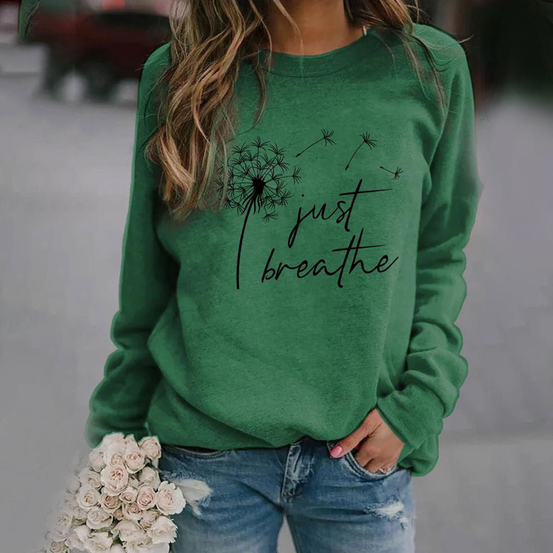 Sweatshirt décontracté pour femmes à motif 'Just Breathe' avec col rond et manches longues
