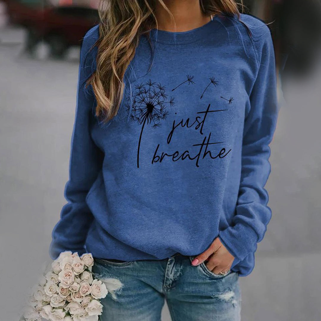 Sweatshirt décontracté pour femmes à motif 'Just Breathe' avec col rond et manches longues