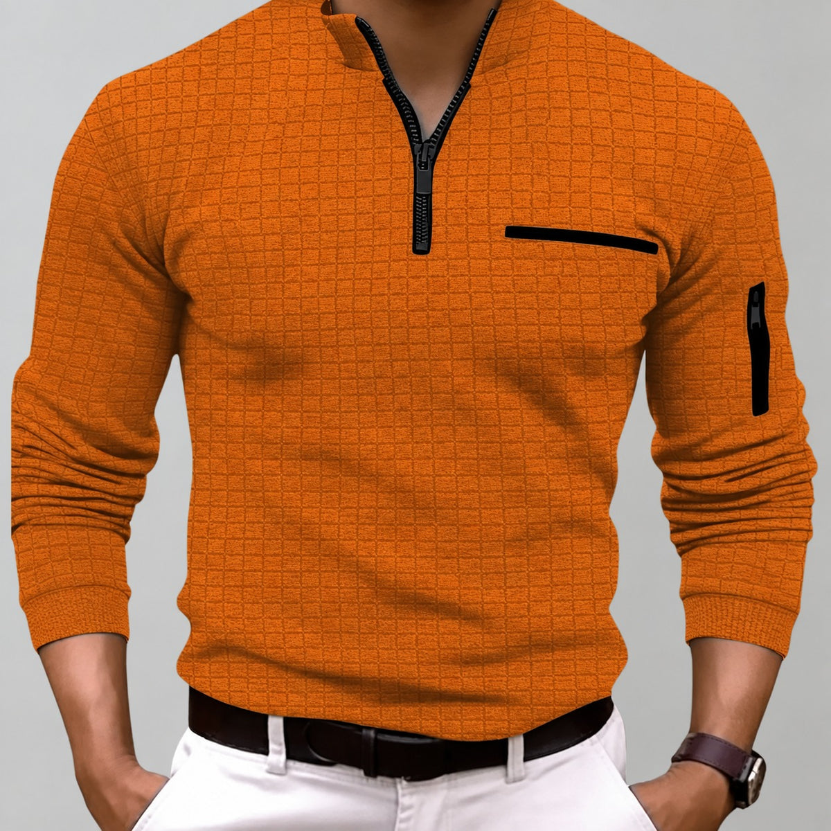 Sweatshirt homme à col zippé avec poche poitrine manches longues ajusté