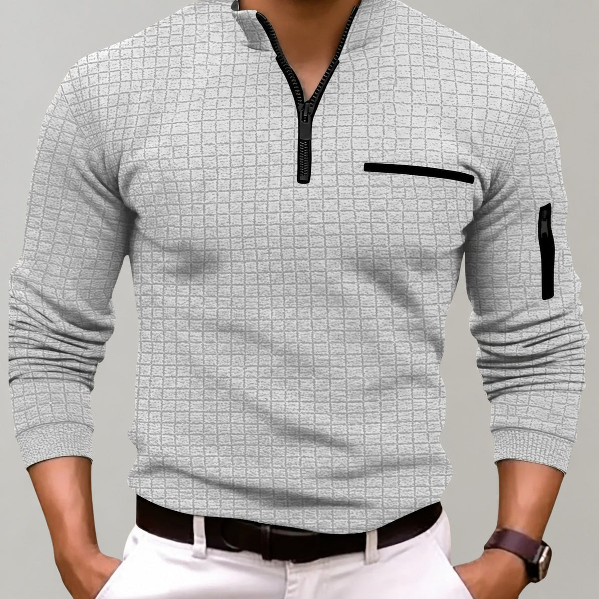 Sweatshirt homme à col zippé avec poche poitrine manches longues ajusté