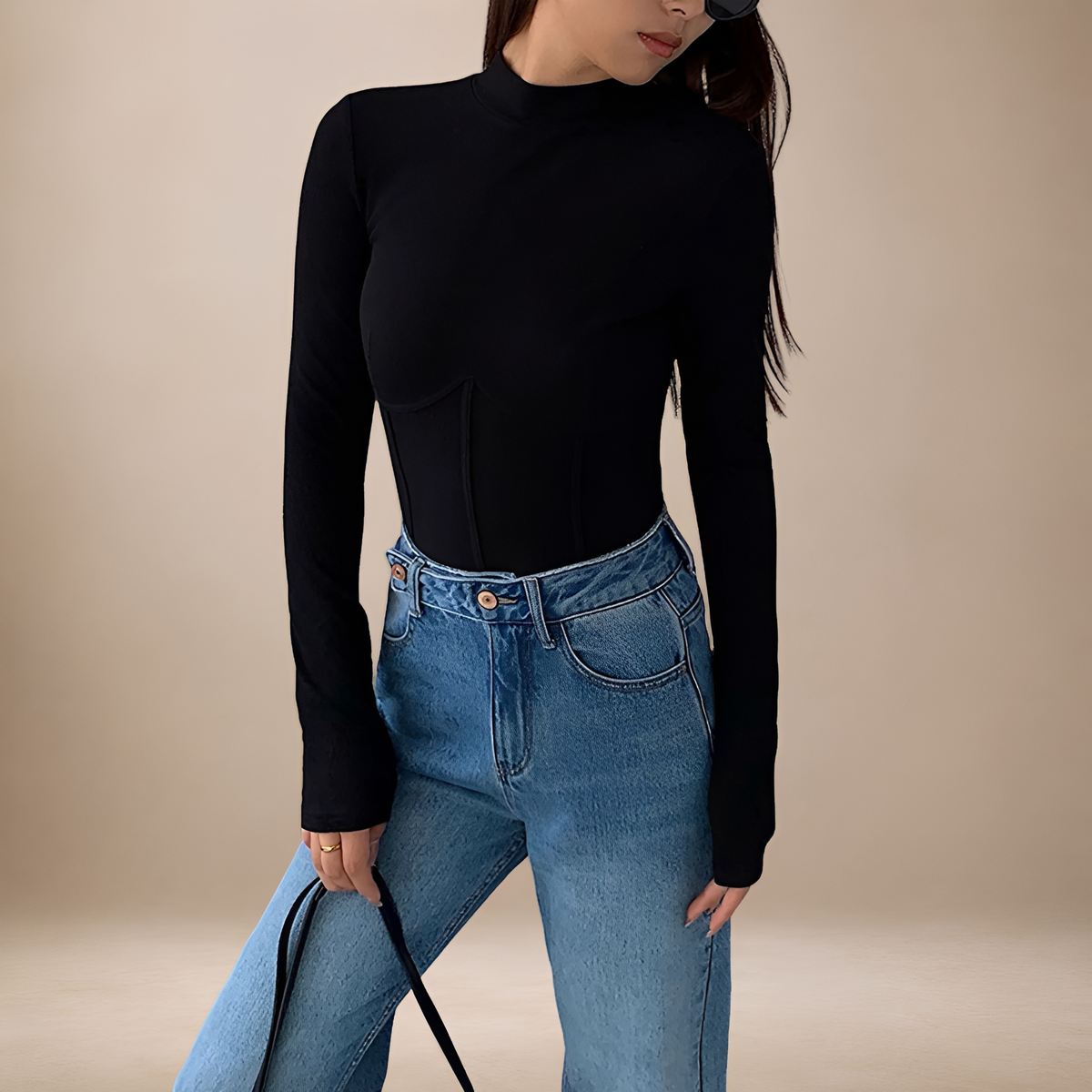 T-shirt à manches longues pour femmes col V ajusté avec corset