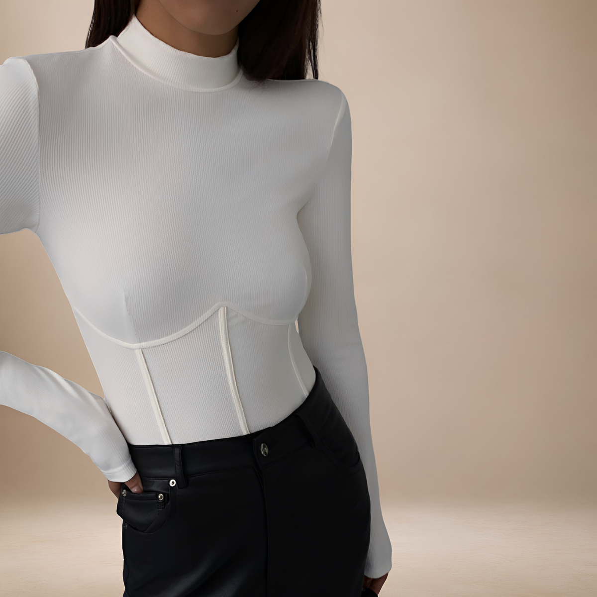 T-shirt à manches longues pour femmes col V ajusté avec corset