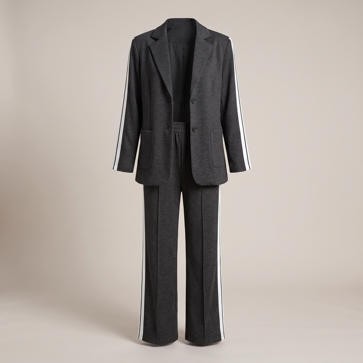 Tailleur femme deux pièces blazer et pantalon large à rayures latérales