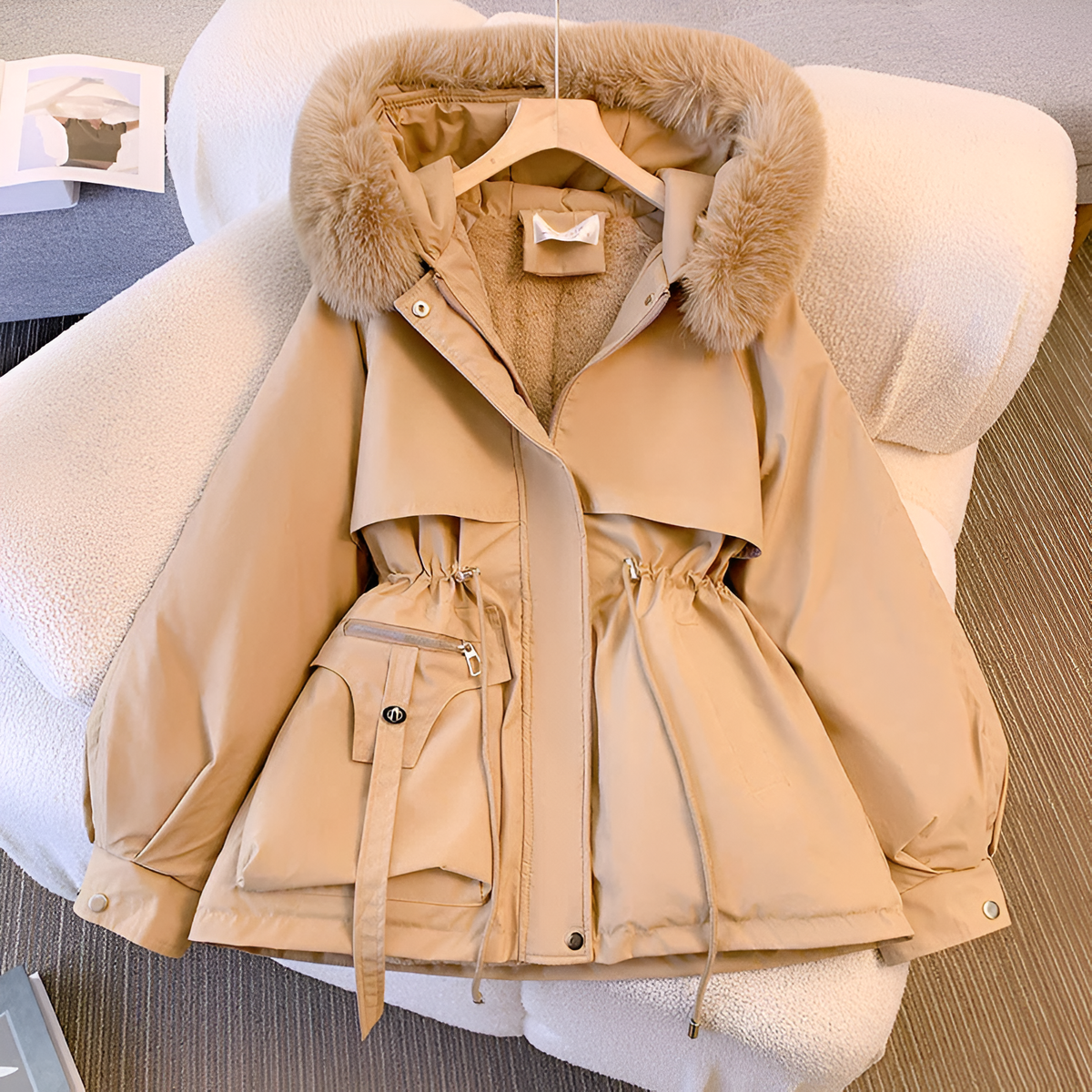 Veste d'hiver pour femme à capuche coupe cintrée avec poches zippées et silhouette élégante