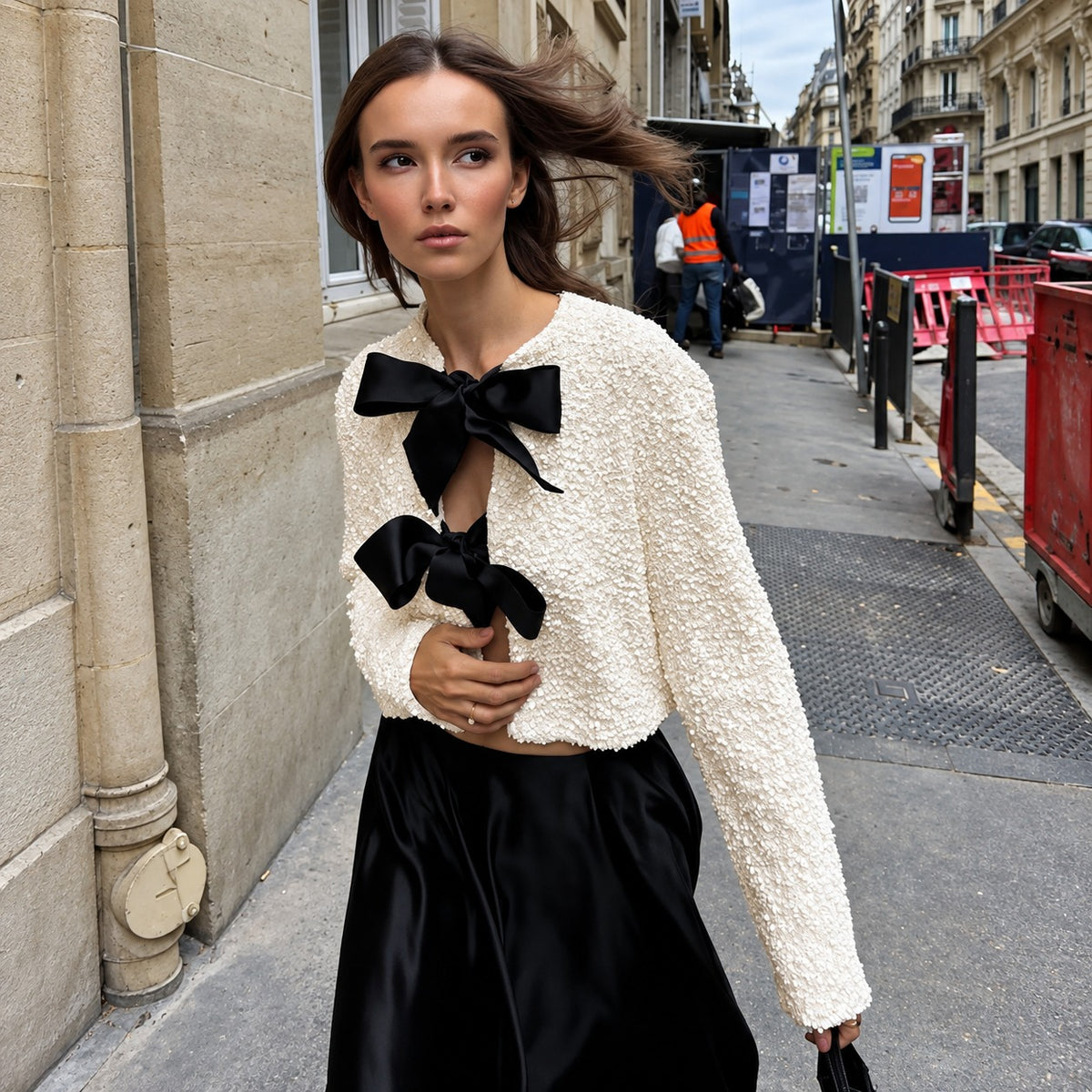 Veste pour femmes à sequins, manches longues, coupe crop, détail nœud papillon