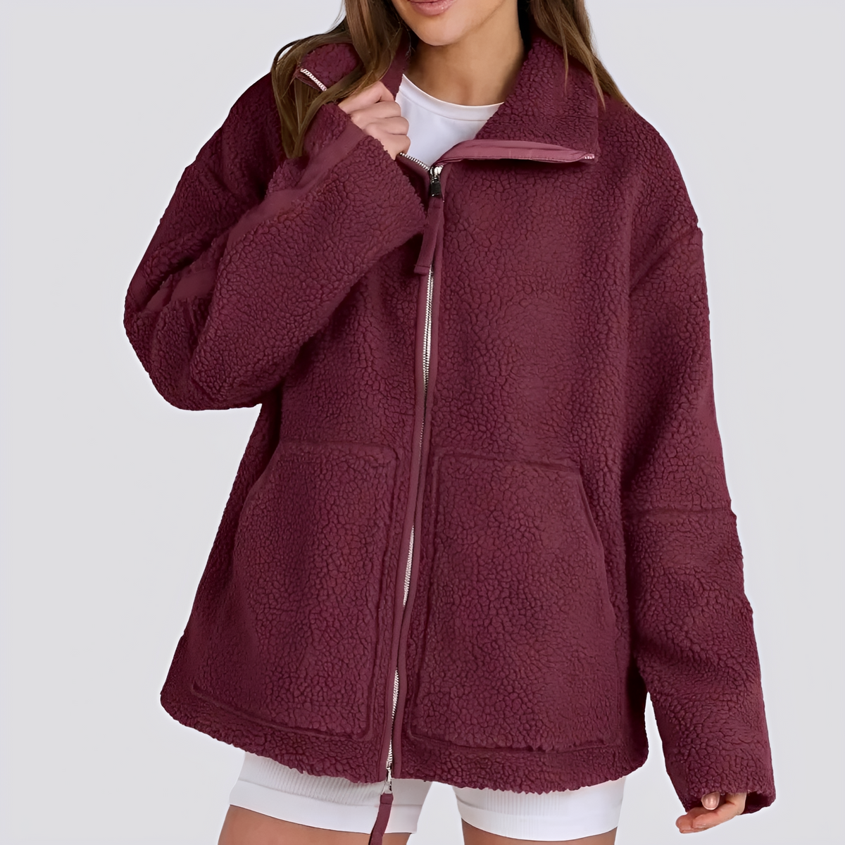Veste teddy pour femmes coupe oversize avec fermeture éclair et poches