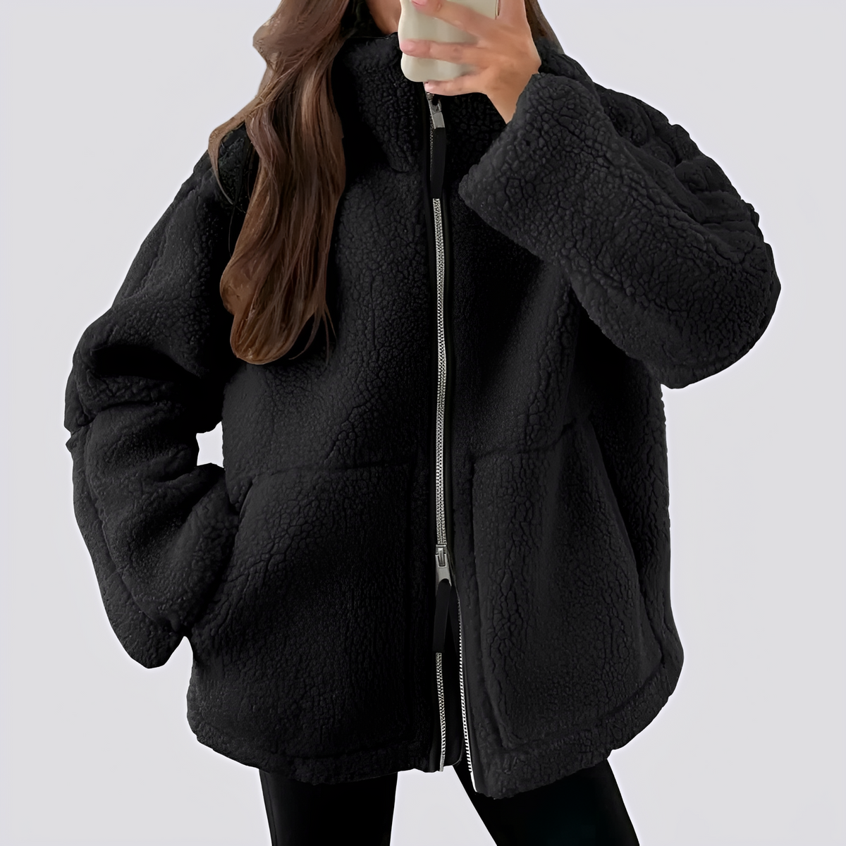 Veste teddy pour femmes coupe oversize avec fermeture éclair et poches